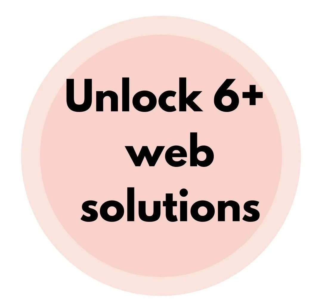 Circular icon with a pink background that contains bold black text reading "Unlock 6+ web solutions".