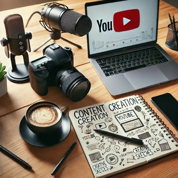 Desk setup with camera, microphones, laptop showing YouTube logo, coffee cup, and a notebook with content creation sketches.